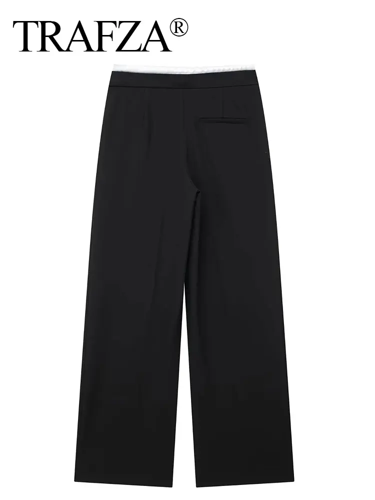 TRAFZA Pant For Women Splice Design Pants Drawstring Straight Pant Casual Loose Wide Leg Trousers 2024 Spring Solid Basic Pants