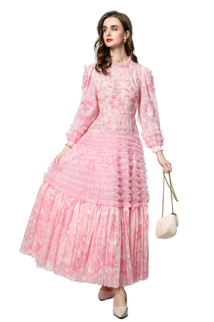 Vestidos femininos o pescoço mangas compridas impresso em camadas babados elegante designer de moda festa vestidos vestido de noite