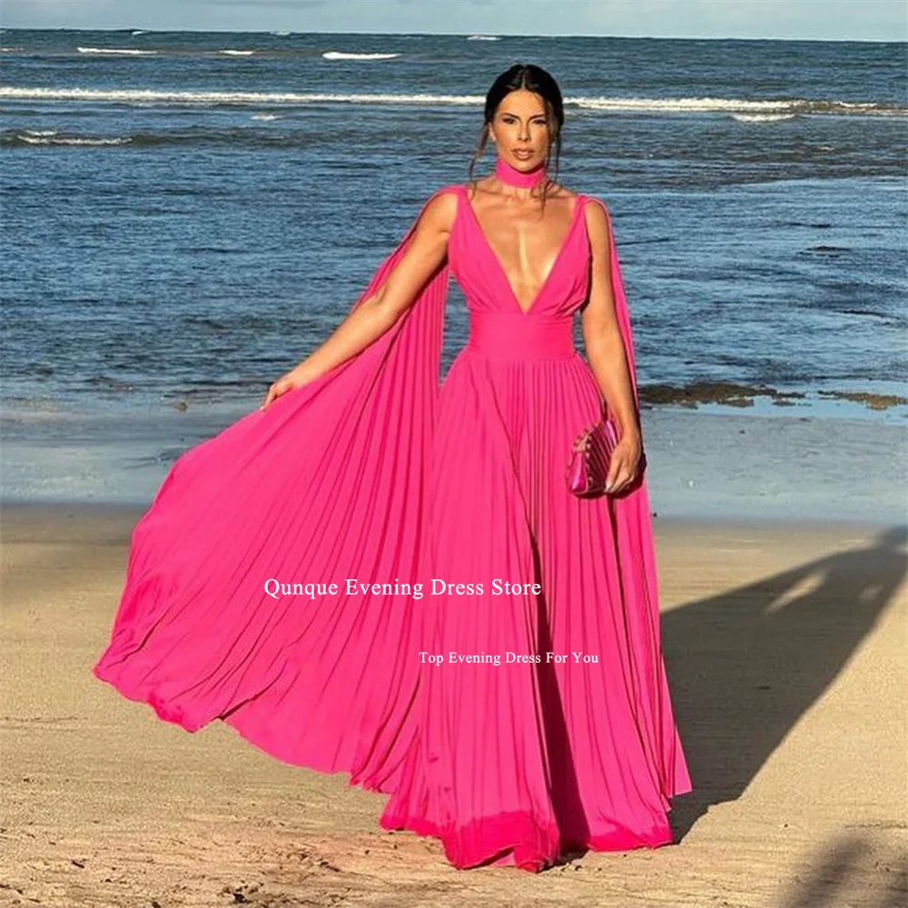 Qunque V-neck Beach Evening Dresses Pleat Fuchsia Chiffon Prom Dress With Scarf Cape Sexy Backless Vestidos De Festa Customized