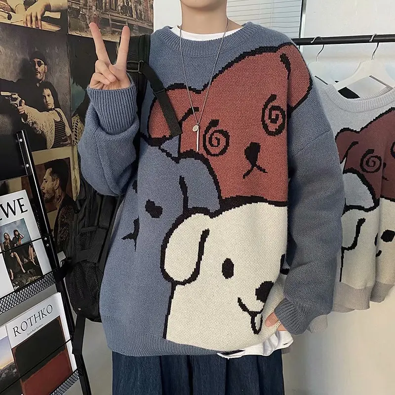 Autumn and Winter Cartoon Bear Sweater Men Clothing Fashion Long Sleeve Knitted Pullover Sweater Male Loose Casual Warm Clothes