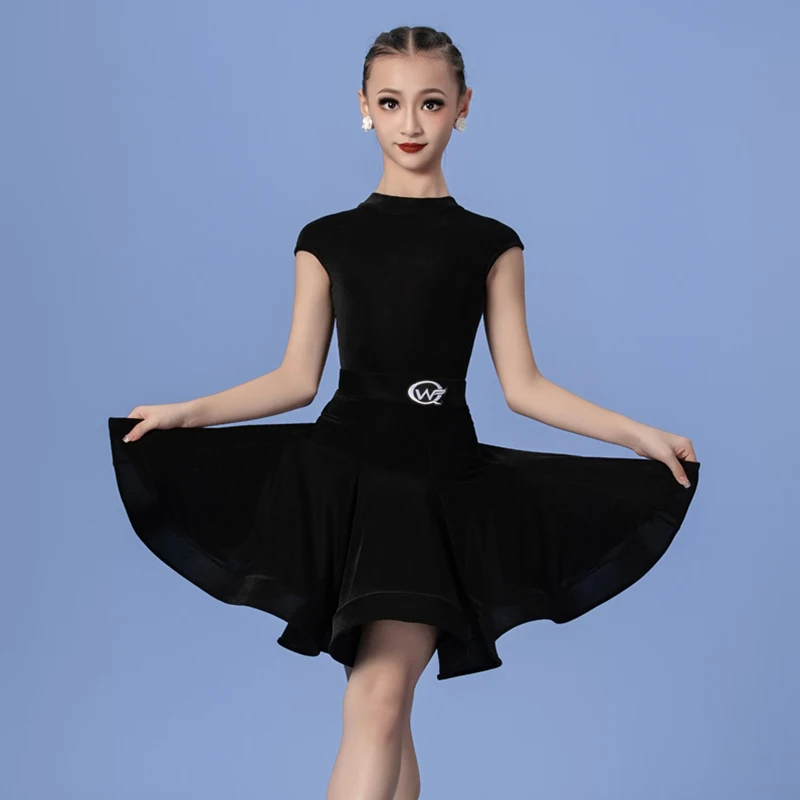 

New Girls Latin Dance Clothes Performance Costume Kids Latin Dress Black Velvet Cha Cha Rumba Competition Dance Dress XH2140
