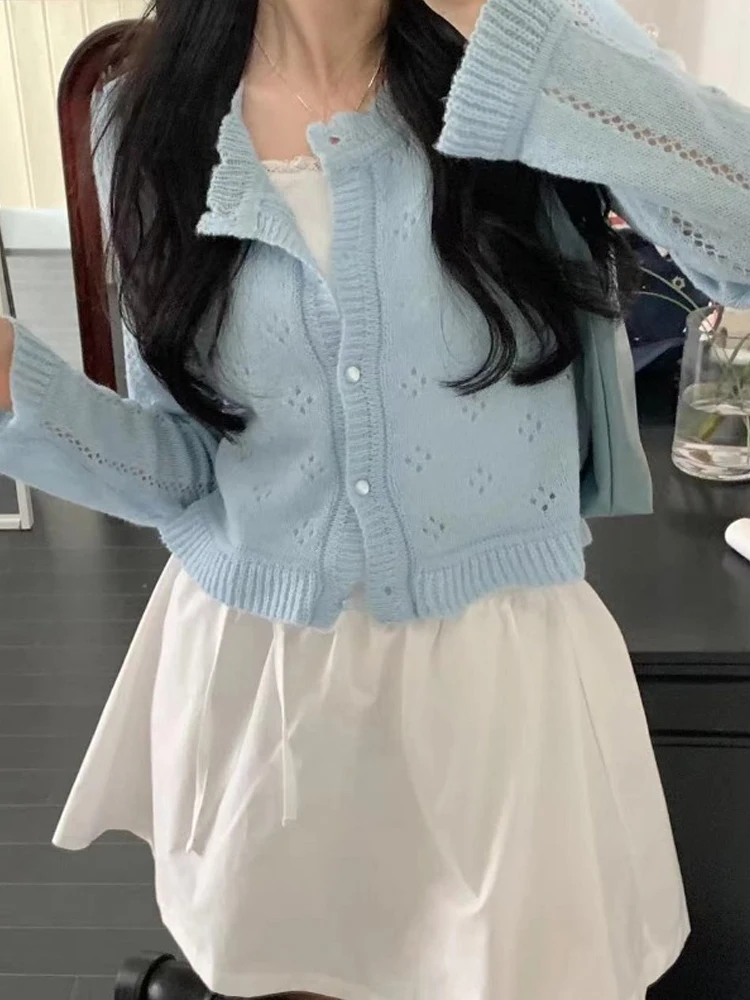 سترة نسائية أنيقة مجوفة برقبة دائرية وأكمام قصيرة وأكمام طويلة للربيع، نمط صديق للبيئة بمقاس صغير