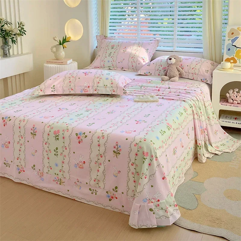 Cotton Romantic Floral Thickened Bed Sheet Set, Bedroom Dormitory Cartoon Rabbit Pattern King Flat Sheet, Pastoral Flower Sheets