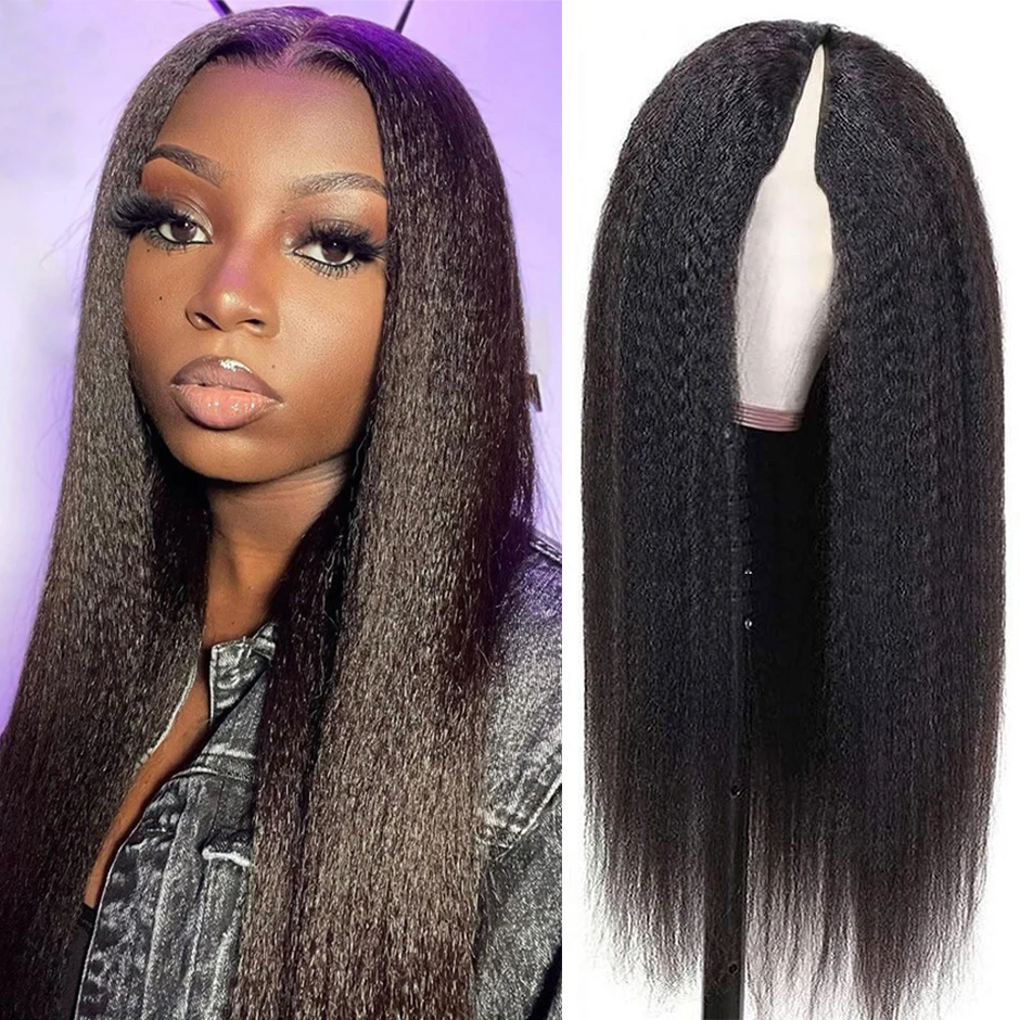 

V Part Wig Yaki Straight Human Hair Wigs 180% Mongolian Kinky Straight Human Hair Wigs Glueless No Leave Out V Part Wigs