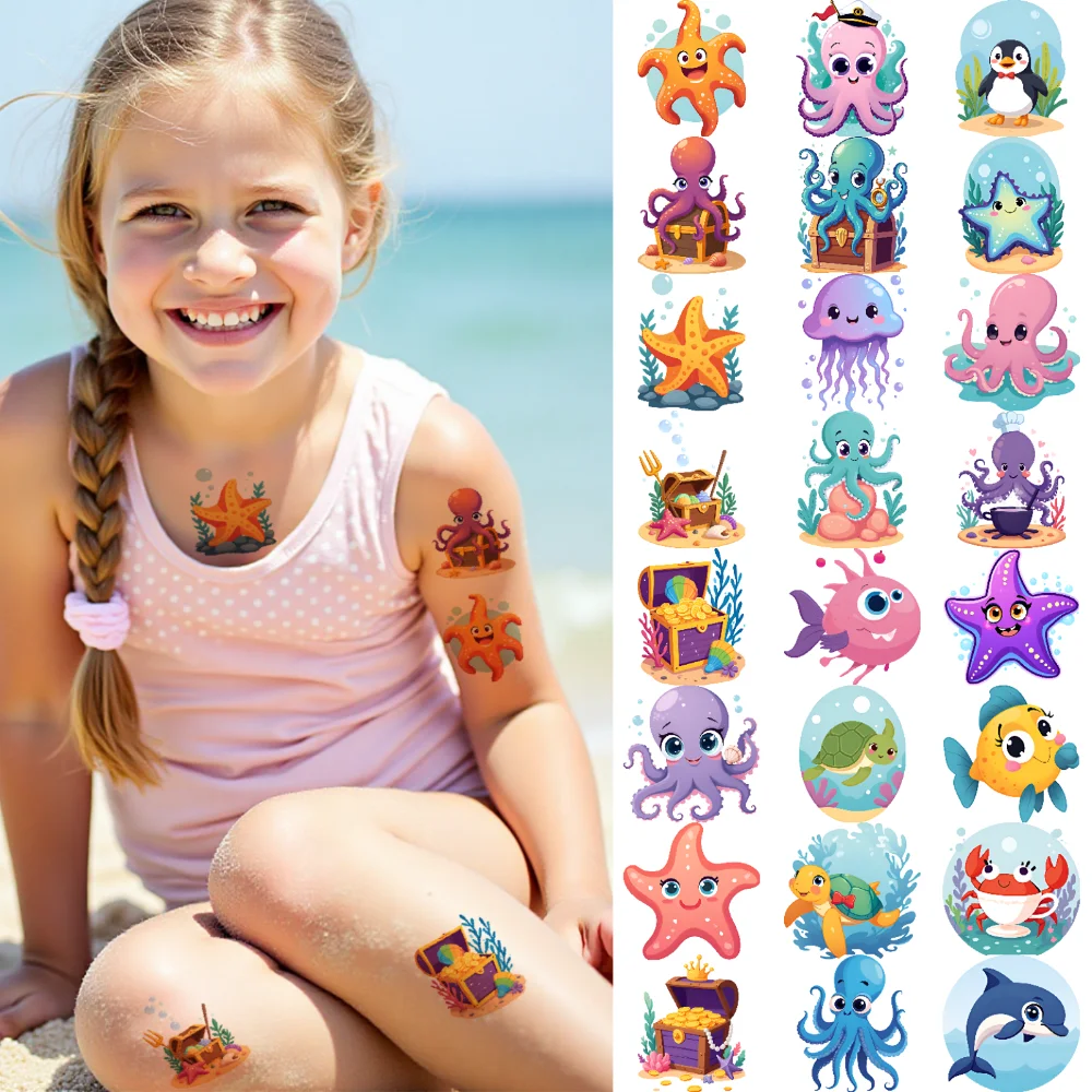 

54pcs Temporary Tattoo Treasure Chest Temporary Tattoo Stickers Starfish Octopus Waterproof Long-lasting Body Stickers For