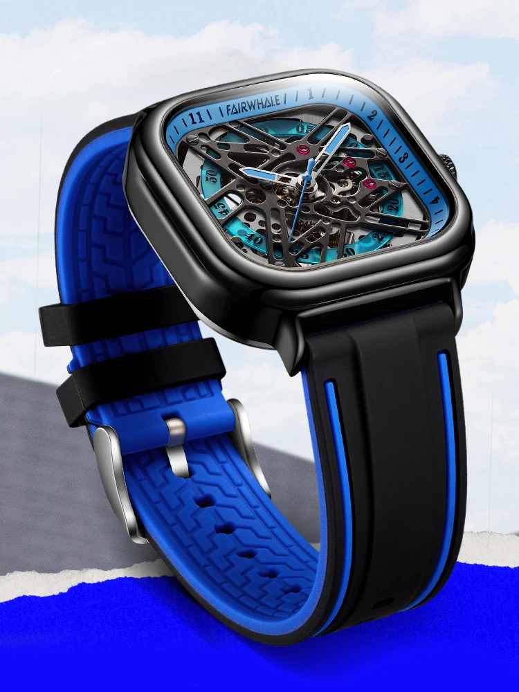 

Mark Fairwhale мужские автоматические часы квадратные роскошные механические наручные часы водостойкий светящийся скелетон черный корпус