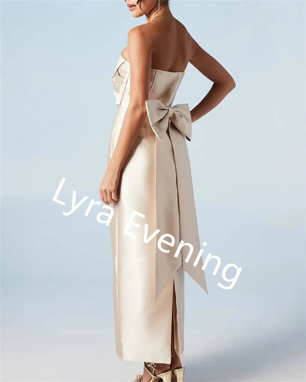 Vestido de noche de satén marfil elegante personalizado, sin tirantes, sin mangas, vestido de fiesta con lazo, vestidos para ocasiones especiales de alta calidad