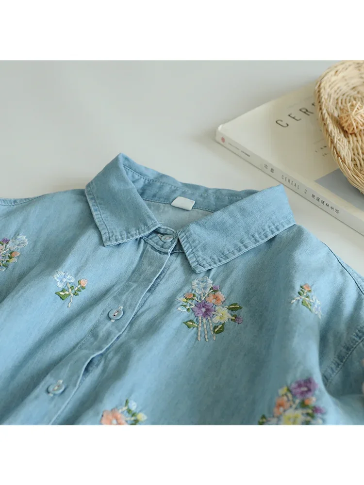 Soft Denim Shirt Bunches Of Flowers Embroidery Romantic Blouse Mori Girl