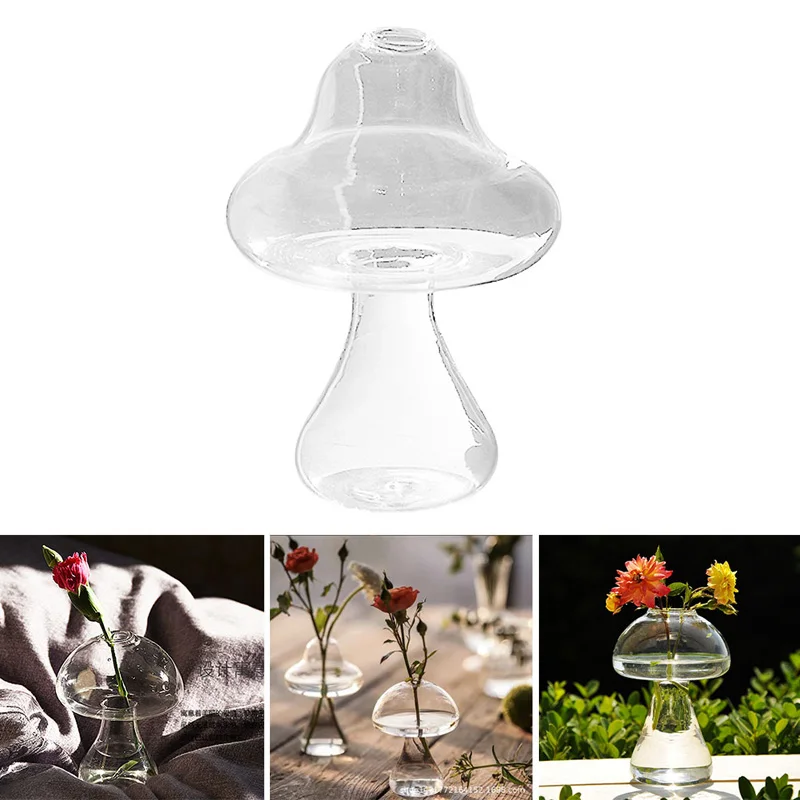 1PC Mushroom Shaped Glass Vase Lovely Transparent Hydroponics Plant Vase Creative Glass Crafts Decor for Home Office