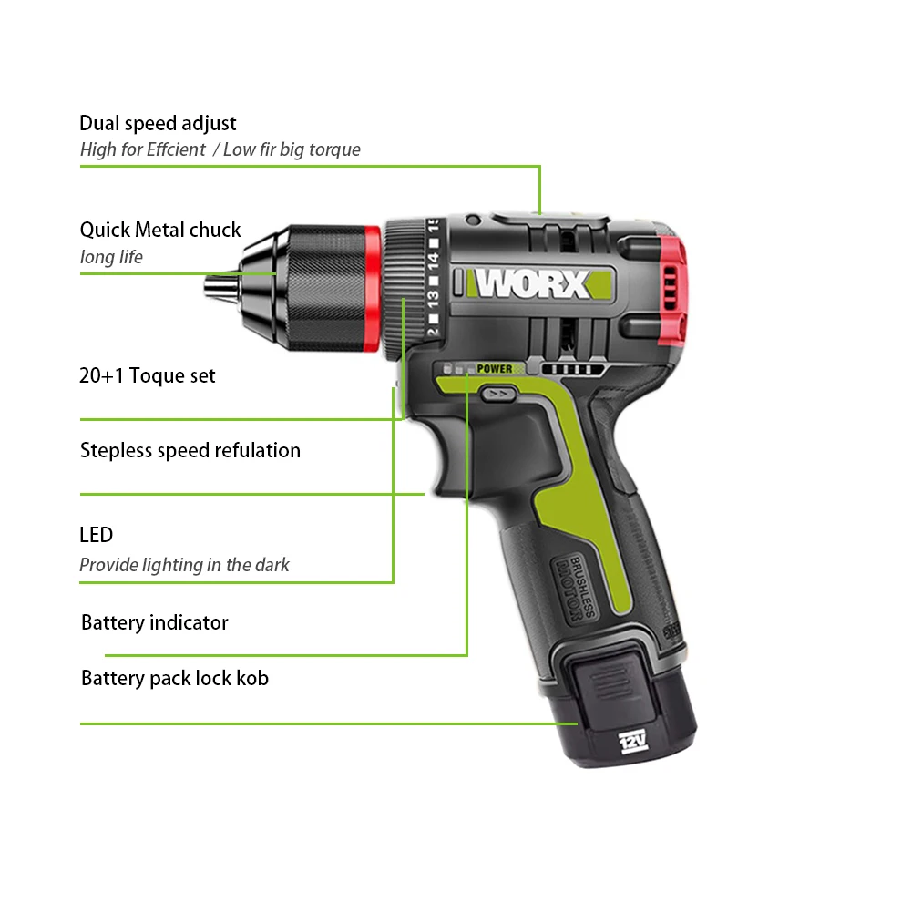 WORX WU130X 10mm Cordless Electric Screwdriver Drill 12V 40Nm 1800rpm Brushless for Metalworking Home 12V Lithium Battery Power