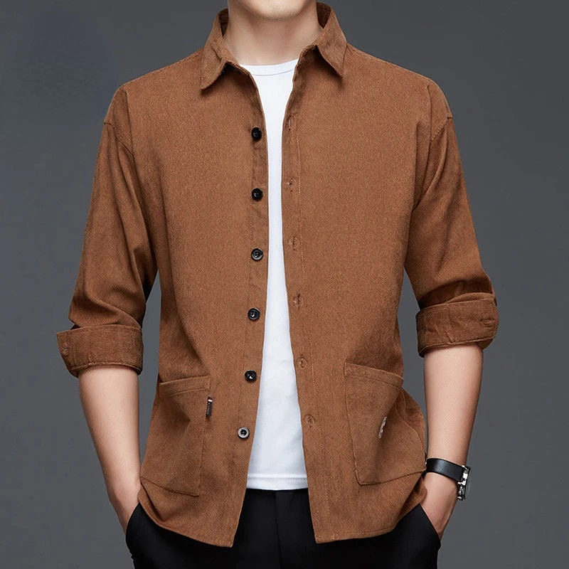 Spring Autumn Men Corduroy Solid Shirt Korean Fashion Streetwear Male Clothes Long Sleeve Button Pocket Business Loose Coat Tops