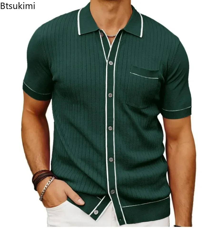 

2025 Men's Summer Short Sleeve Polo Shirts with Button Front Solid Knitted Formal Office Dress Shirts Male Casual Shirts Tops