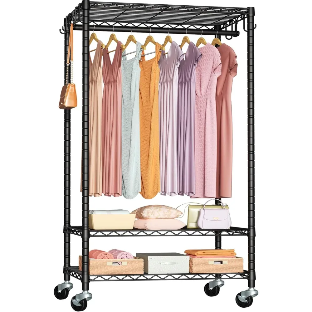 

Rolling Clothes Rack Heavy Duty, Clothing Racks for Hanging Clothes, Freestanding Garment Rack with Wheels