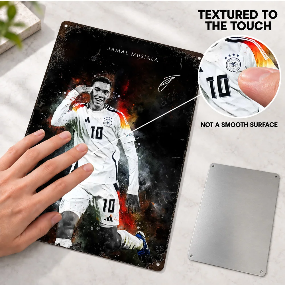 Jamal Musiala Football Textured Metal Poster Personalized Aluminum Sign Splatter Watercolor Illustration Wall Art For Game Room
