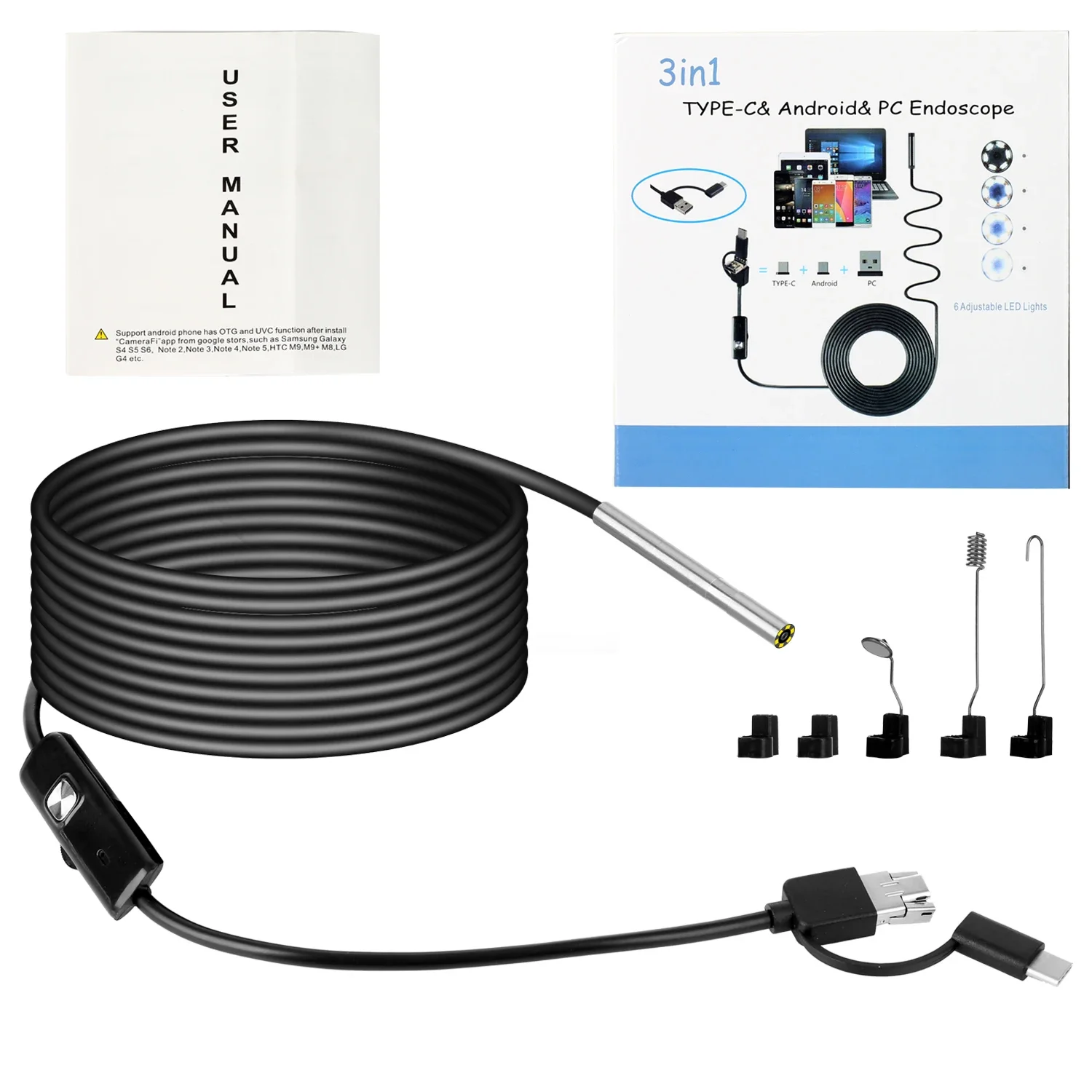 NEW 3.9MM Tiny Lens 3-in-1 Micro USB Type C Waterproof Inspection For Android PC Borescope Endoscope Camera with Adjustable LED