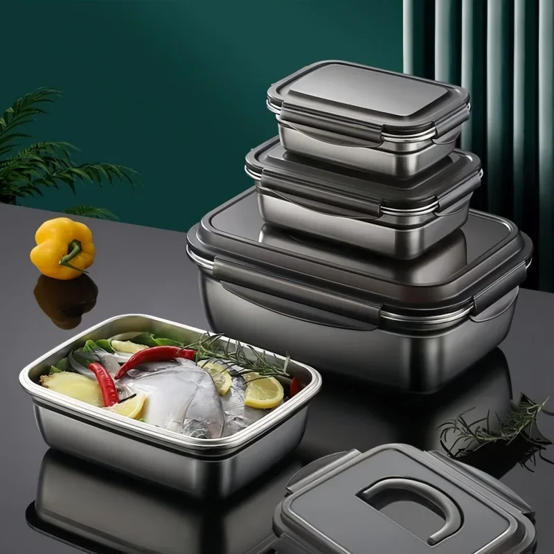 New 304 Stainless Steel Crisper Box Airtight Food Storage Container With Lid Lunch Bento Food Box Outdoor Picnic Camping Tool