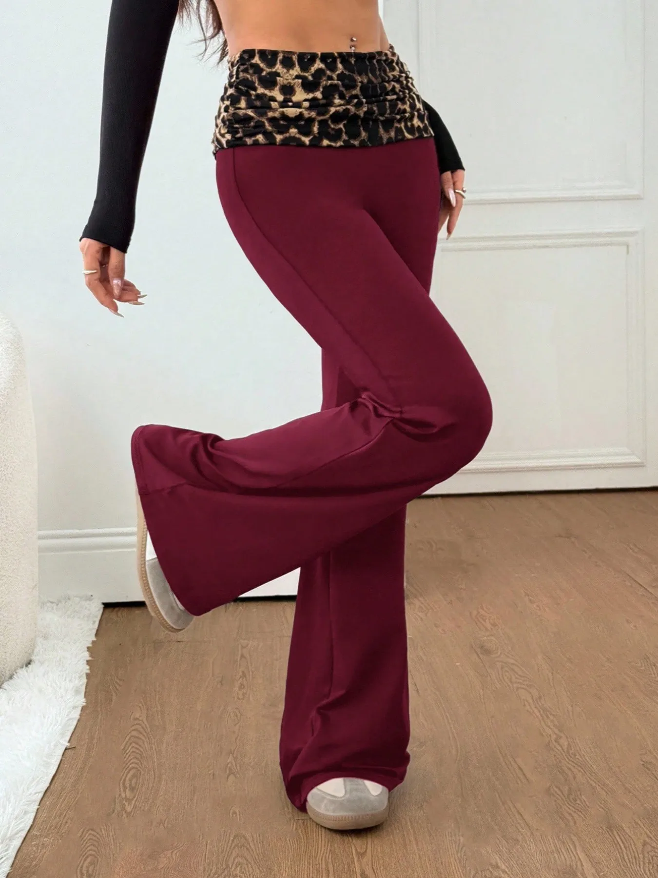 Fashion Leopard Patchwork Flared Leggings Women American Casual Sports Tights Woman Spring Autumn Thin Breathable Wide Leg Pants