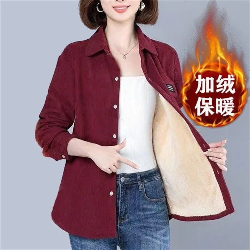 Autumn And Winter New Plus Velvet Padded Soft Corduroy Shirt Women's Casual Korean Version Of The Bottoming Loose Warm Shirt Top