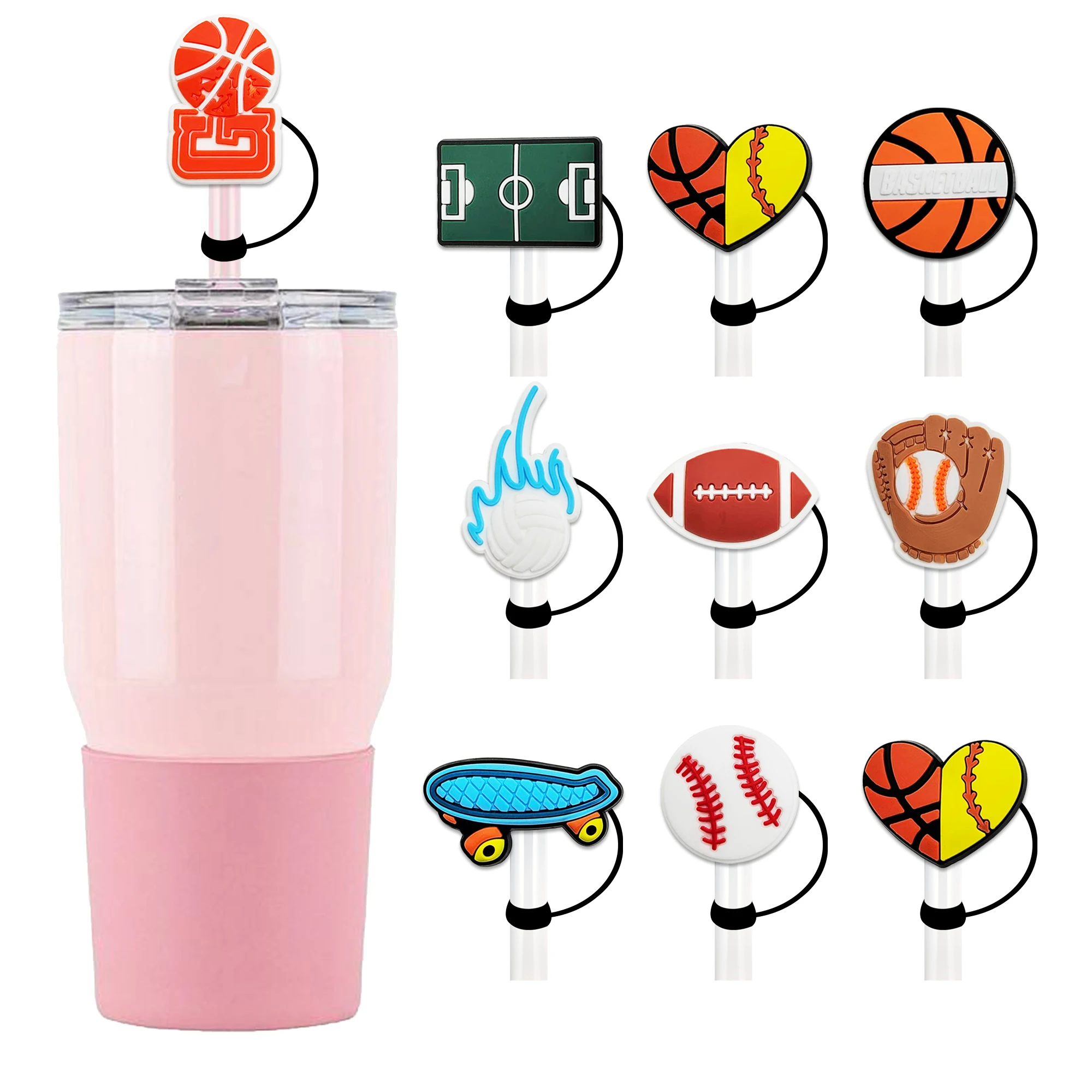 1-18Pcs Basketball Sports Baseball Silicone 10mm Straw Caps For Stanley 30&40 Oz Tumble Dust-Proof Reusableaw Sleeve Boys Gift