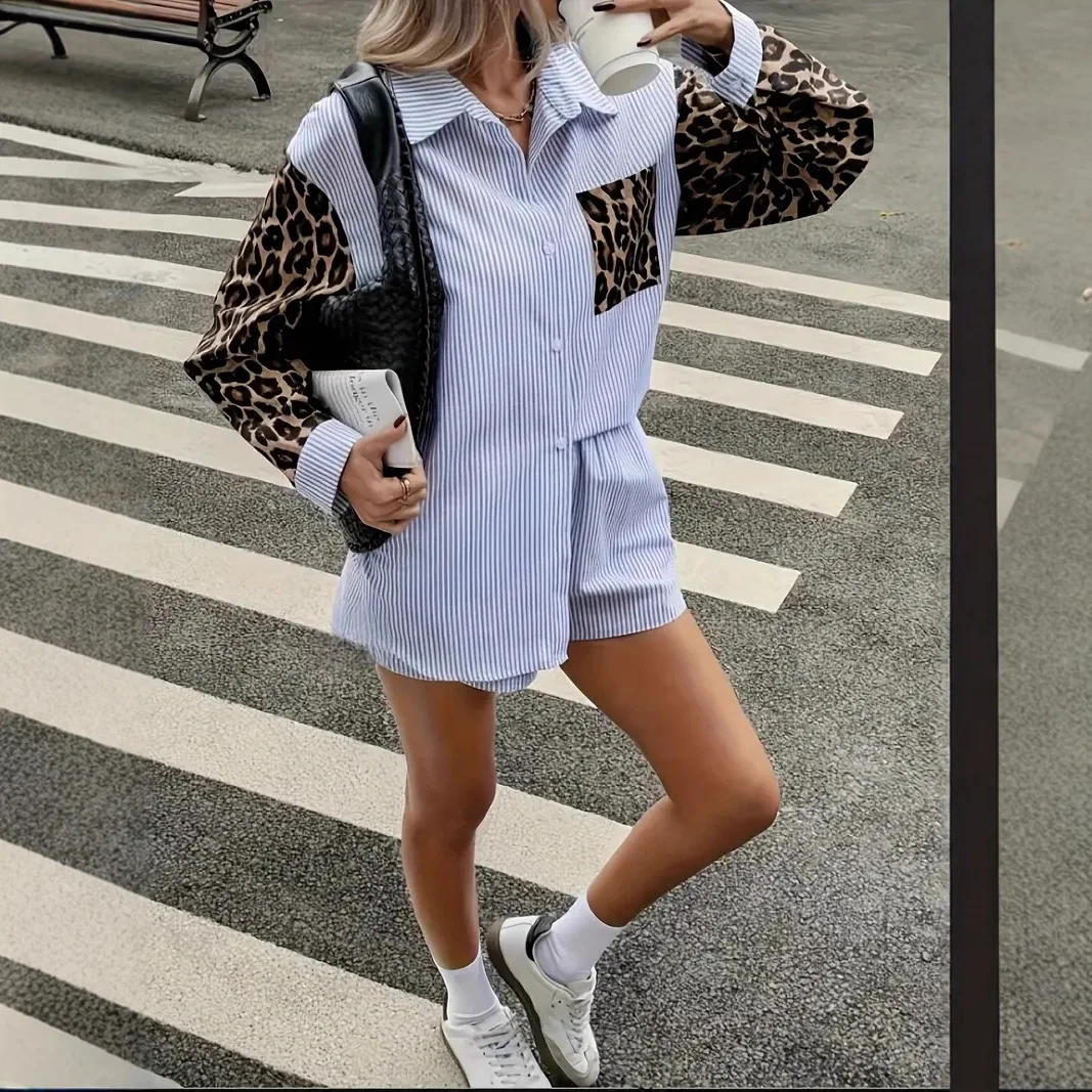 

New Fashion Printed Button-Down Shirt + Shorts Two-piece Sets Women Summer Casual Loose Leopard Print Top Shorts Set For Women