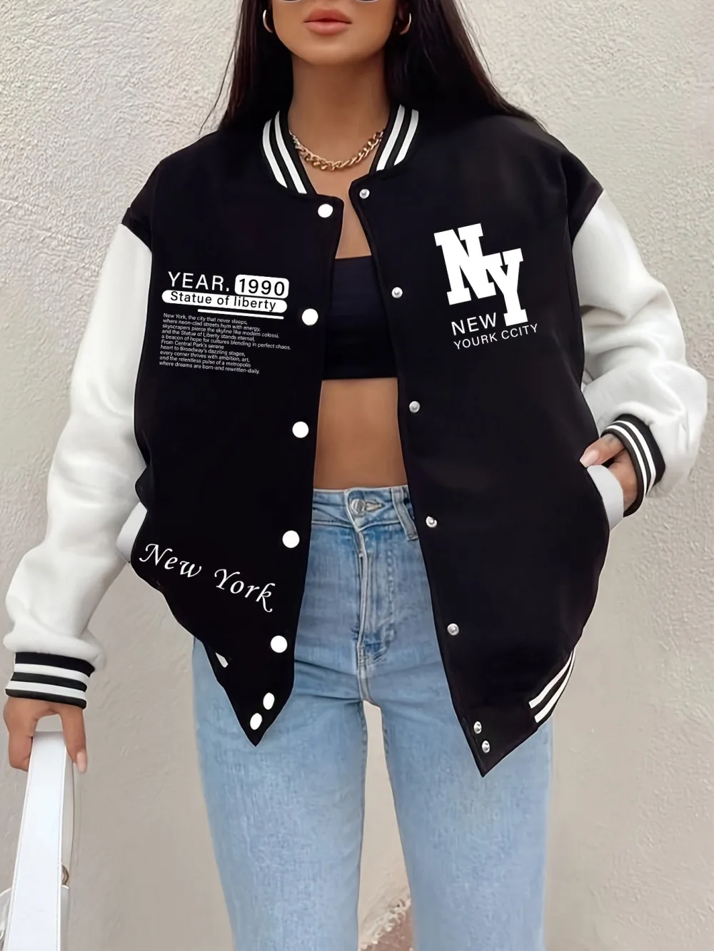 

New York City 1990 Prints Jackets Women Comfortable Loose Baseball Jersey Basics Sporty Coats Winter Fleece Warm Womans Clothes