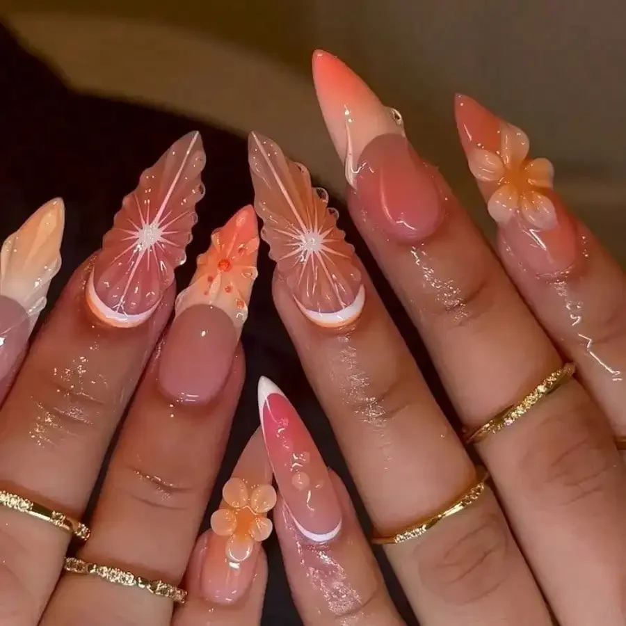 

24Pcs Almond Press On Nails, 3D Fruity Floral, Reusable Durable, Easy Apply For Women Girls Daily Party Dating, Free Shipping