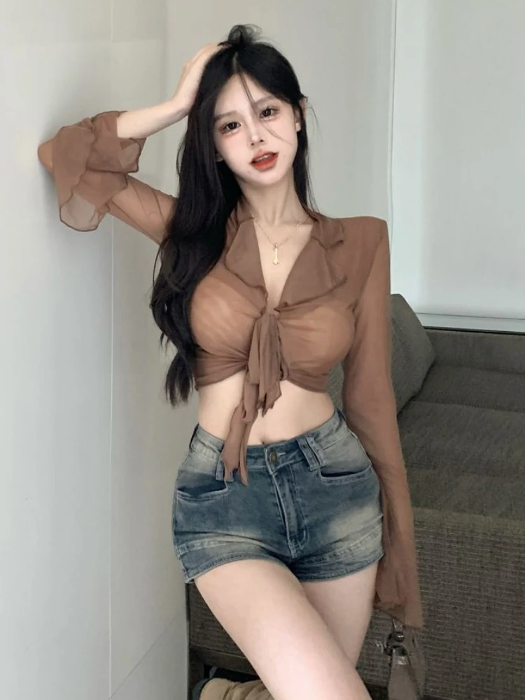 

Blouses Women Summer Mesh Sexy Retro Flare Sleeve Fashion Street Style Crops Hotsweet Design Lady Korean Simple Blusas Aesthetic