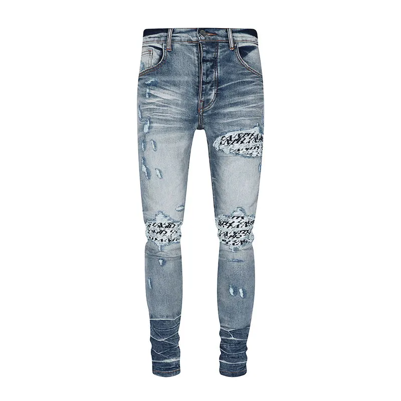 

High Street Fashion Men Jeans Retro Washed Blue Stretch Skinny Fit Printed Patched Ripped Jeans Men Brand Designer Hip Hop Pants