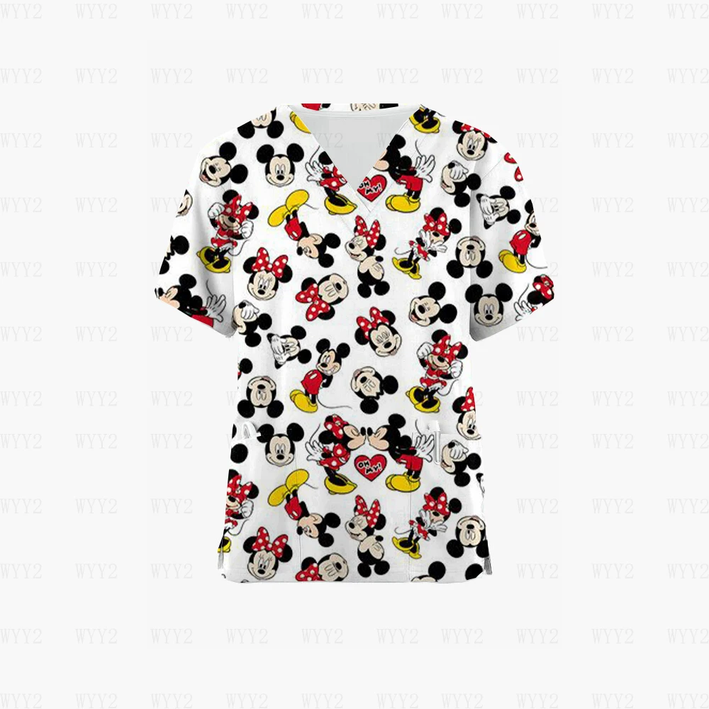 2024 Disney Minnie Print Kurzarm Krankenschwester Uniform Mode Arbeit Uniform Uniform Sommer V-ausschnitt Tasche Medizinische Uniform