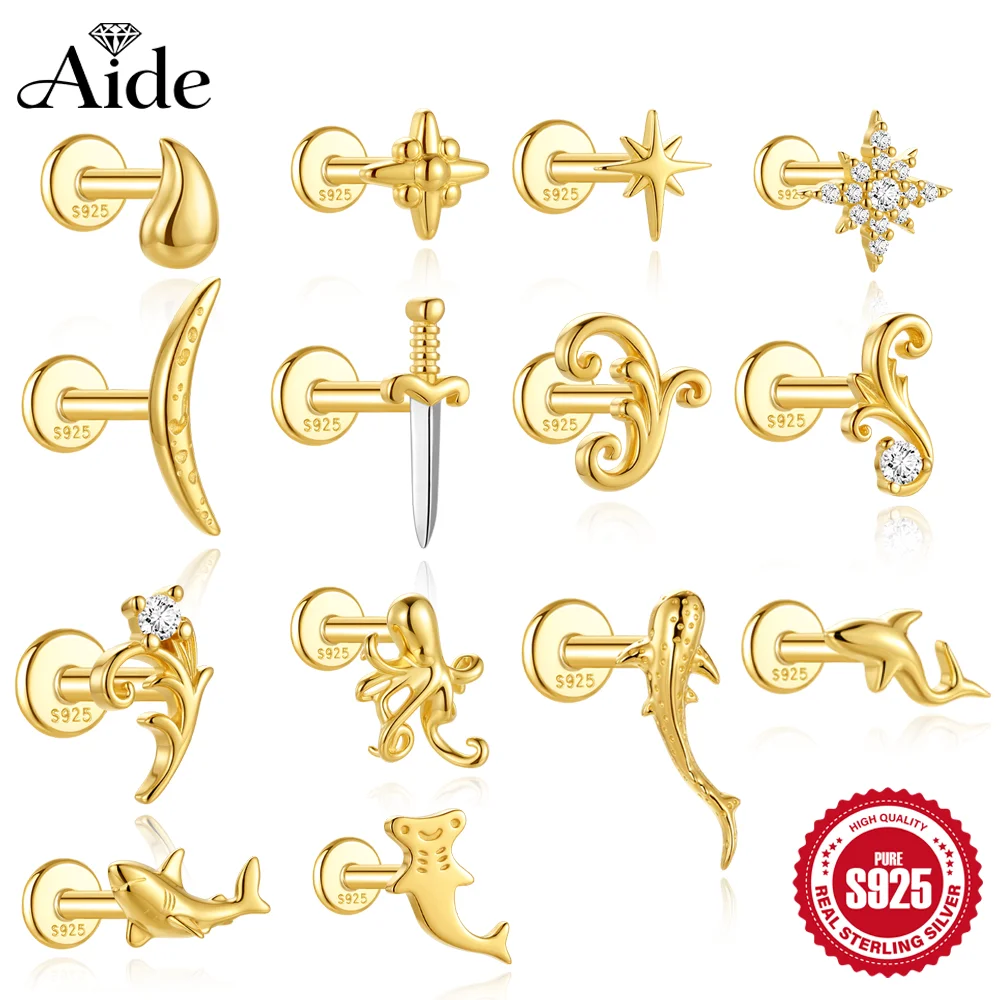 AIDE 1Pc 925 Sterling Silver Glossy Ocean Series Shark Dolphin Women's 16G Cartilage Helix Star Moon Piercing Earrings Jewelry