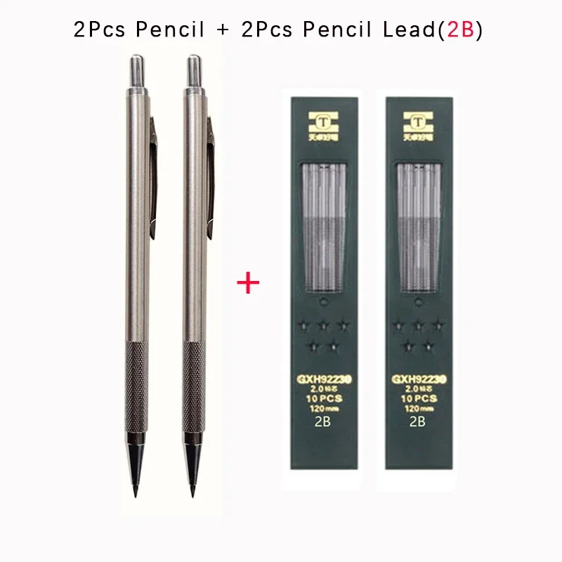 2.0mm Metal Mechanical Pencil Silver Automatic Pencil with 2B HB Lead Office School Writing Drawing Tools Kawaii Stationery