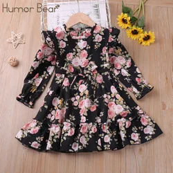 Humor Bear Girl Dress Autumn Round Collar Ruffle Children Thin Long Sleeve Floral Kids Belt Bow Princess Dress