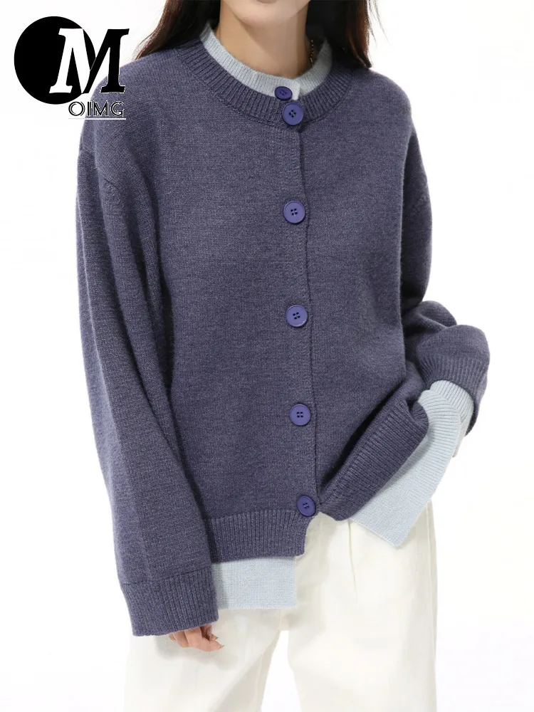 [OIMG] Autumn New Product American Fake Two Piece Button Design Color Blocked Round Neck Sweater Trendy