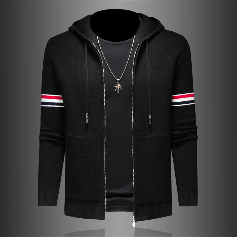 

Вязаный шерстяной свитер с капюшоном, полосатый, утепленный, на молнии, молодежный, модный, зимний, теплый, повседневный, трикотажный кардиган