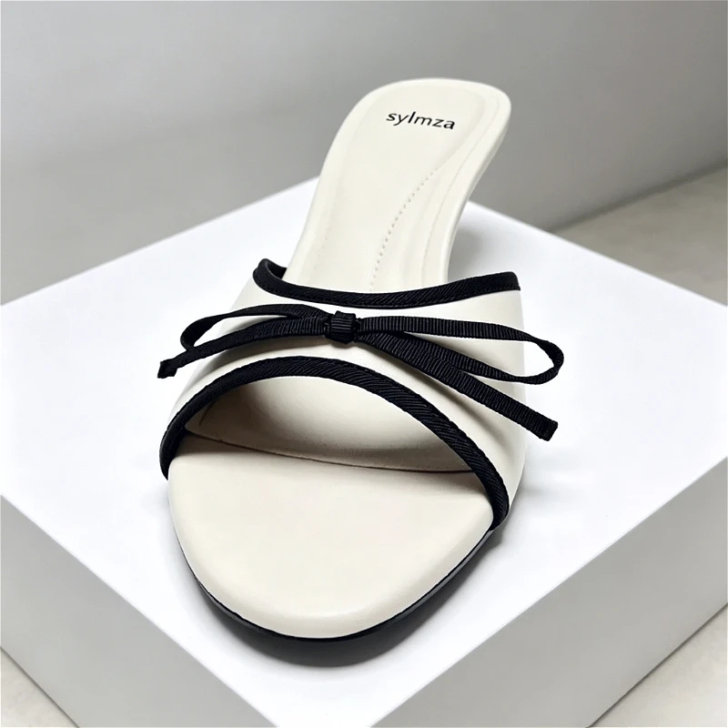 High Quality Butterfly Knot Detail Mules Sandals Women Sexy Open Toe High Heel Slippers for Ladies Elegant Party Dress Shoes