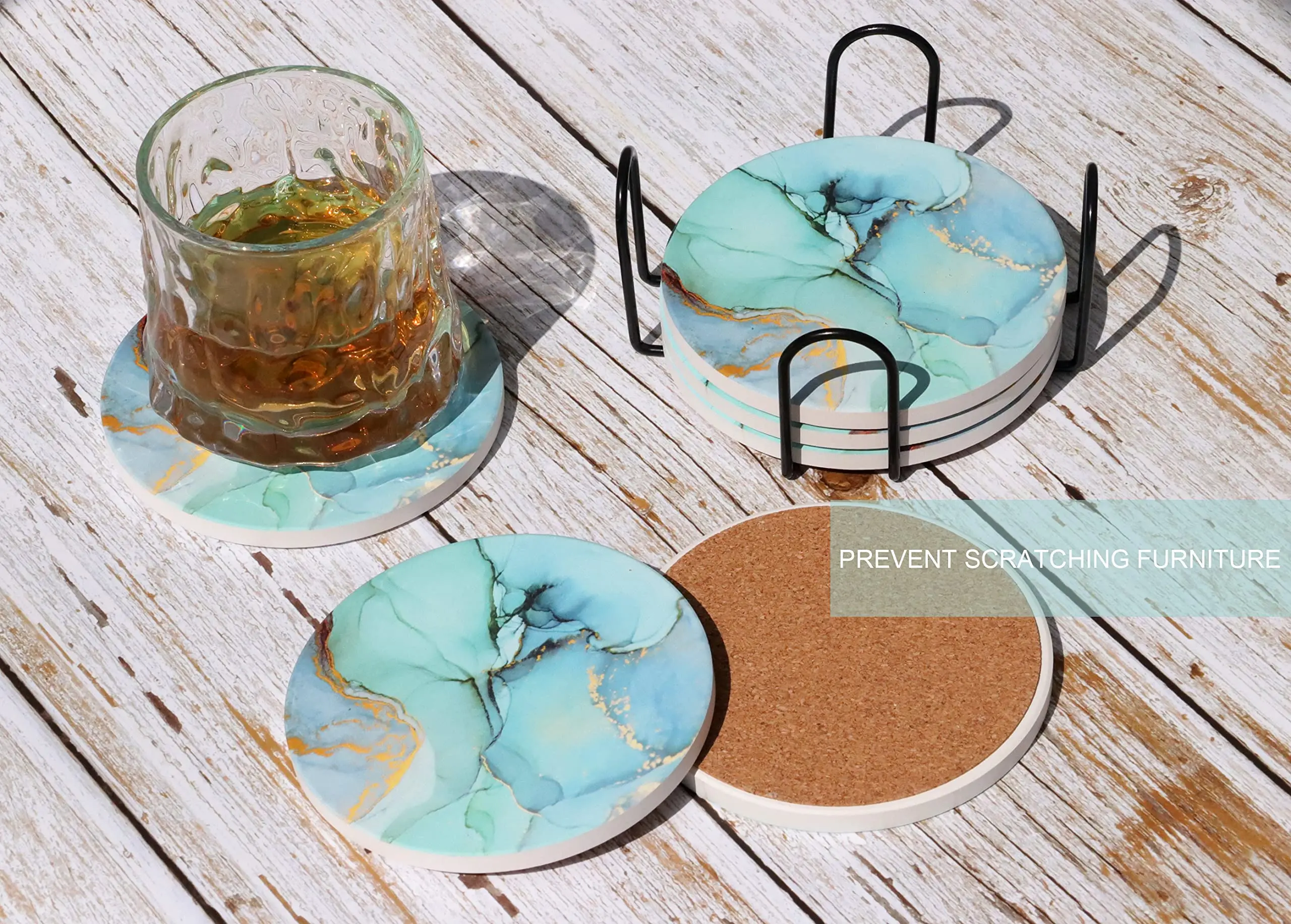 Marble Coasters for Drinks, Agate Coaster Large Ceramic Absorbent with Holder,Suitable for Kinds of Cups-4 inch, Set of 6