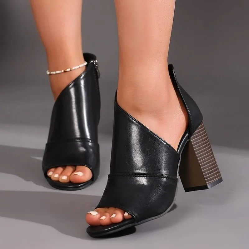 

Block Heel Side Empty Heels Women's Round Toe Open Toe Zipper Non-Slip Wear-Resistant Sandals