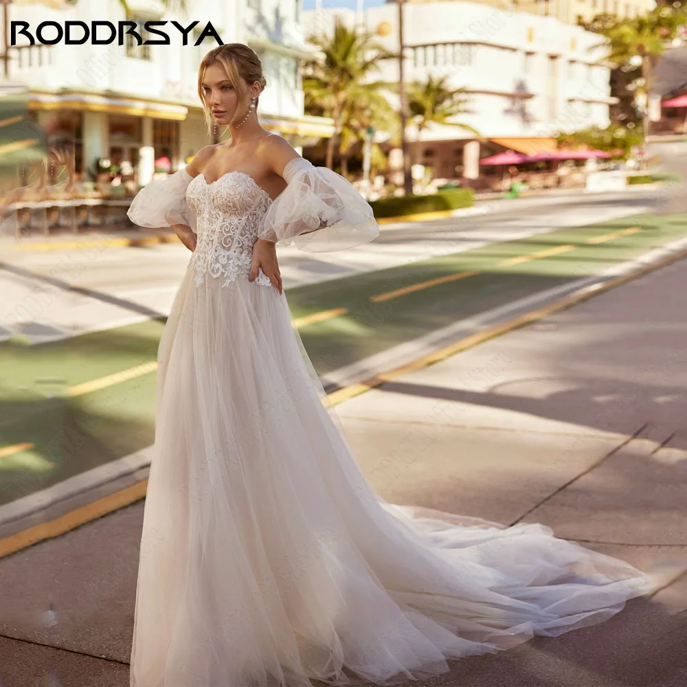 RODDRSYA Sweetheart Wedding Gown For Woman Detachable Puff Sleeves Bridal Party Dress With Button Applique A-Line Bridal Gowns