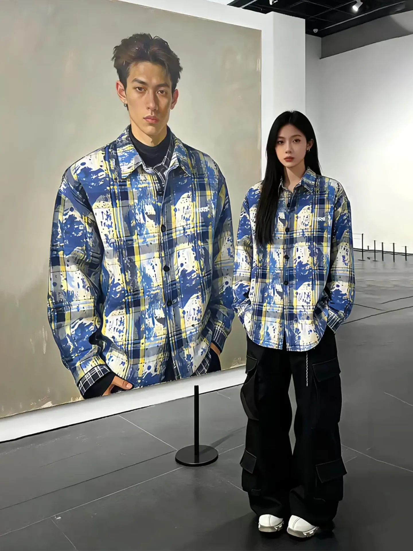 

Blue Tie Dye Plaid Men's Spring Autumn High Street Long Sve Loose Casual Couple's irt Casual Sle Button up Coat