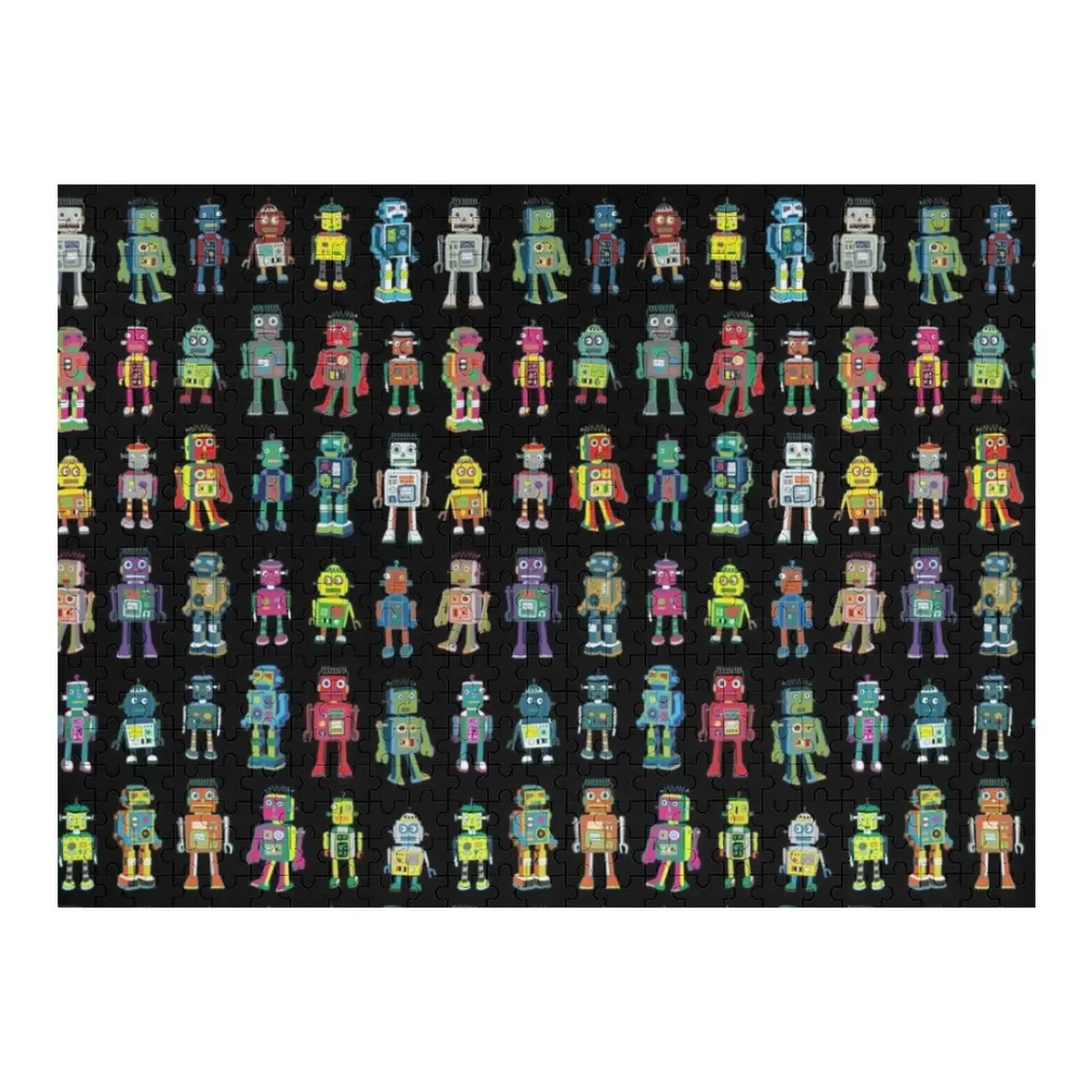 

Робот Line-up on Black - веселый узор от Cecca Designs Jigsaw Puzzle Индивидуальное изображение Деревянный пазл для взрослых на заказ