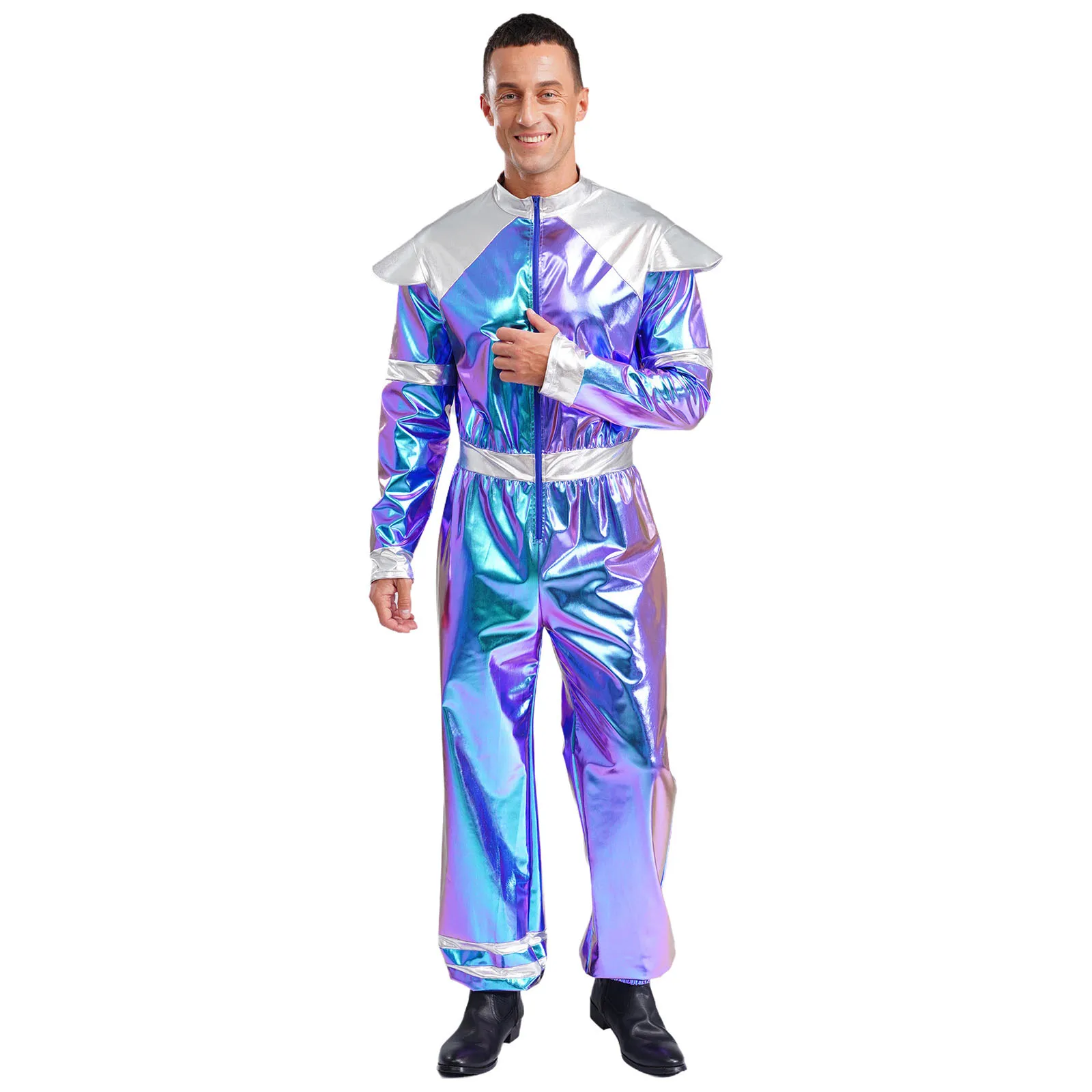 

Mens Retro Space Alien Halloween Cosplay Costume Astronaut Pilots Uniform Long Sleeves Jumpsuit Shiny Metallic Robot Outfits