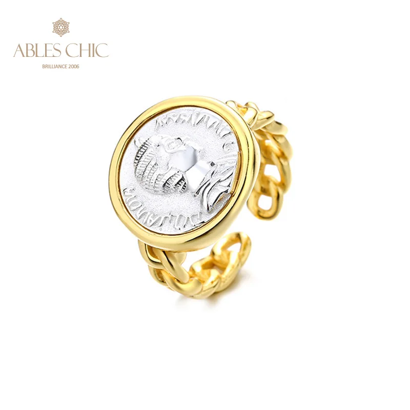 Ables Chic Greek Deity Silver Coins 18K Gold Two Tone Solid 925 Silver Roman Coin Open Ring R1014