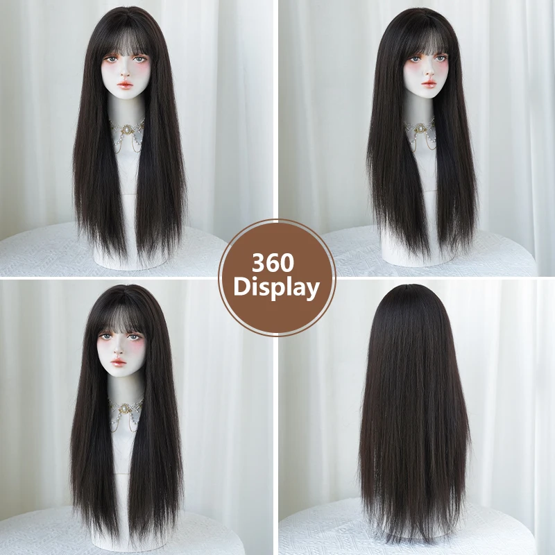 7JHH WIGS Routine Wig Synthetic Long Straight Dark Brown Wigs with Fluffy Bangs Soft Layered Hair Wig for Women Glueless Wig