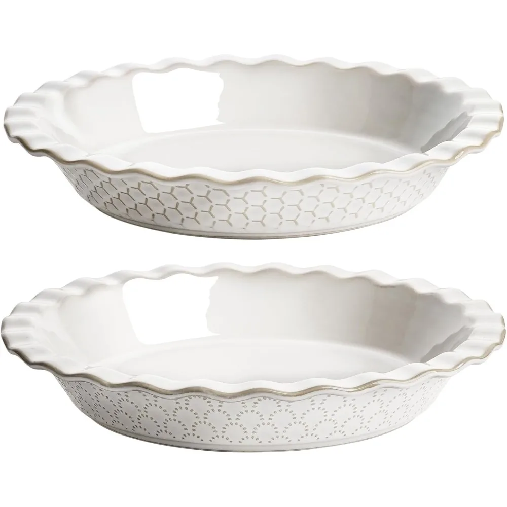 

9-Inch Ceramic Pie Pan Set of 2, Oven-Safe with Embossed Designs for Baking and Gifting