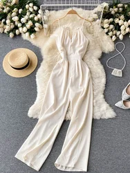 Summer Fashion New Sexy Beach Breeze Suspender Jumpsuit Women's Temperament Slim  Thin Long Wide-leg Pants DK1083