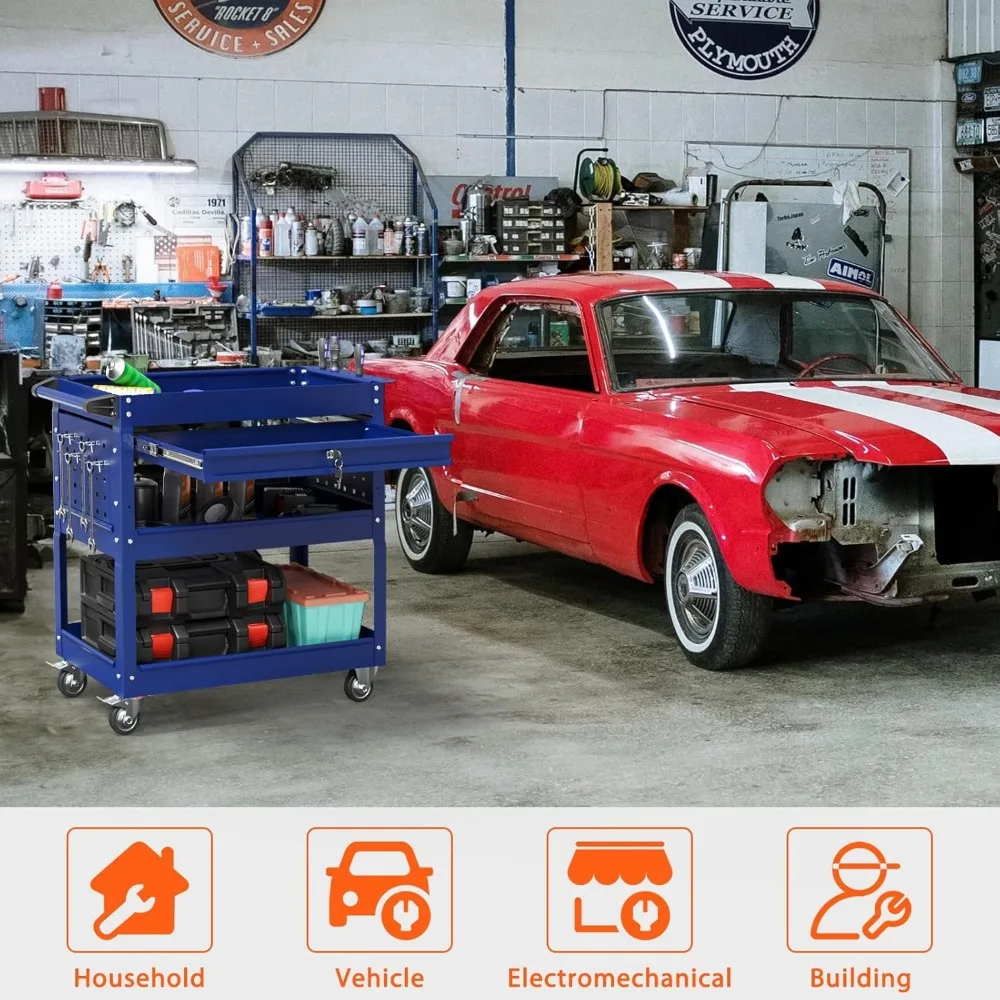 عربة أدوات دوارة شديدة التحمل مكونة من 3 طبقات مع درج وسعة تحميل 350 رطل لتخزين الأدوات