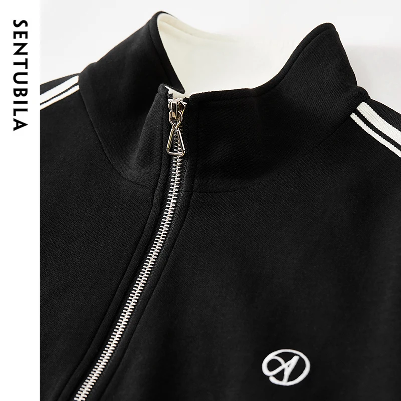 SENTUBILA Casual zwarte jassen voor dames Katoen 202 Winter Los patchwork Gesplitst Kraagvorm Rits Sportjas 143W56386