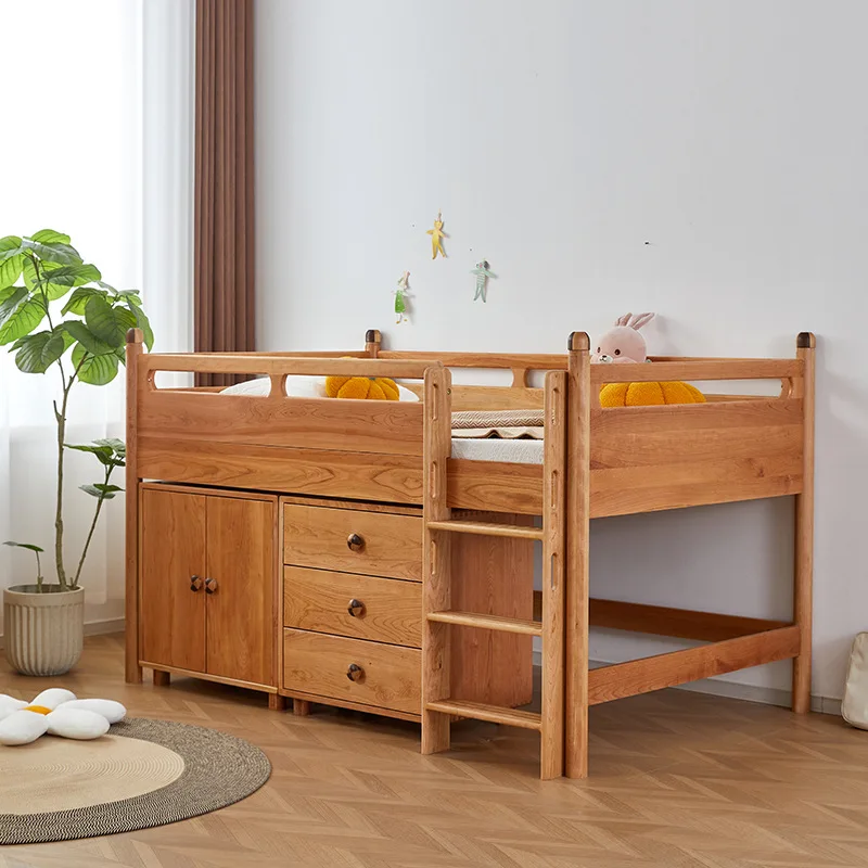 

All solid wood children's half-height bed boys and girls North American cherry wood with guardrail medium-height bed 1.2 meters