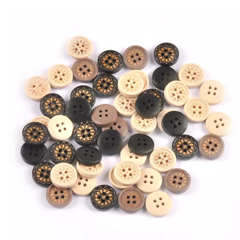 50pcs 15mm Mixed Flower Pattern Wooden Handmade Decorative Buttons For Sewing clothing Diy Scrapbooking Crafts 4hole cp3464