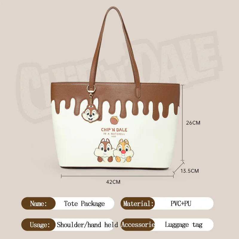 Original Disney Chip 'n' Dale Tote Package PU Leather Premium Brand Women's Handbag Shoulder Bag Shopping Bag For Lady Lunch Bag